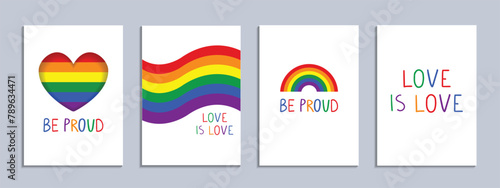 Set of LGBT posters with rainbow flags, symbols. Pride month celebration prints. Gay pride. Hand drawn quotes Love is Love, Be Proud. Vector illustration