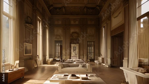 A large room in a palace with lots of furniture and lots of windows.