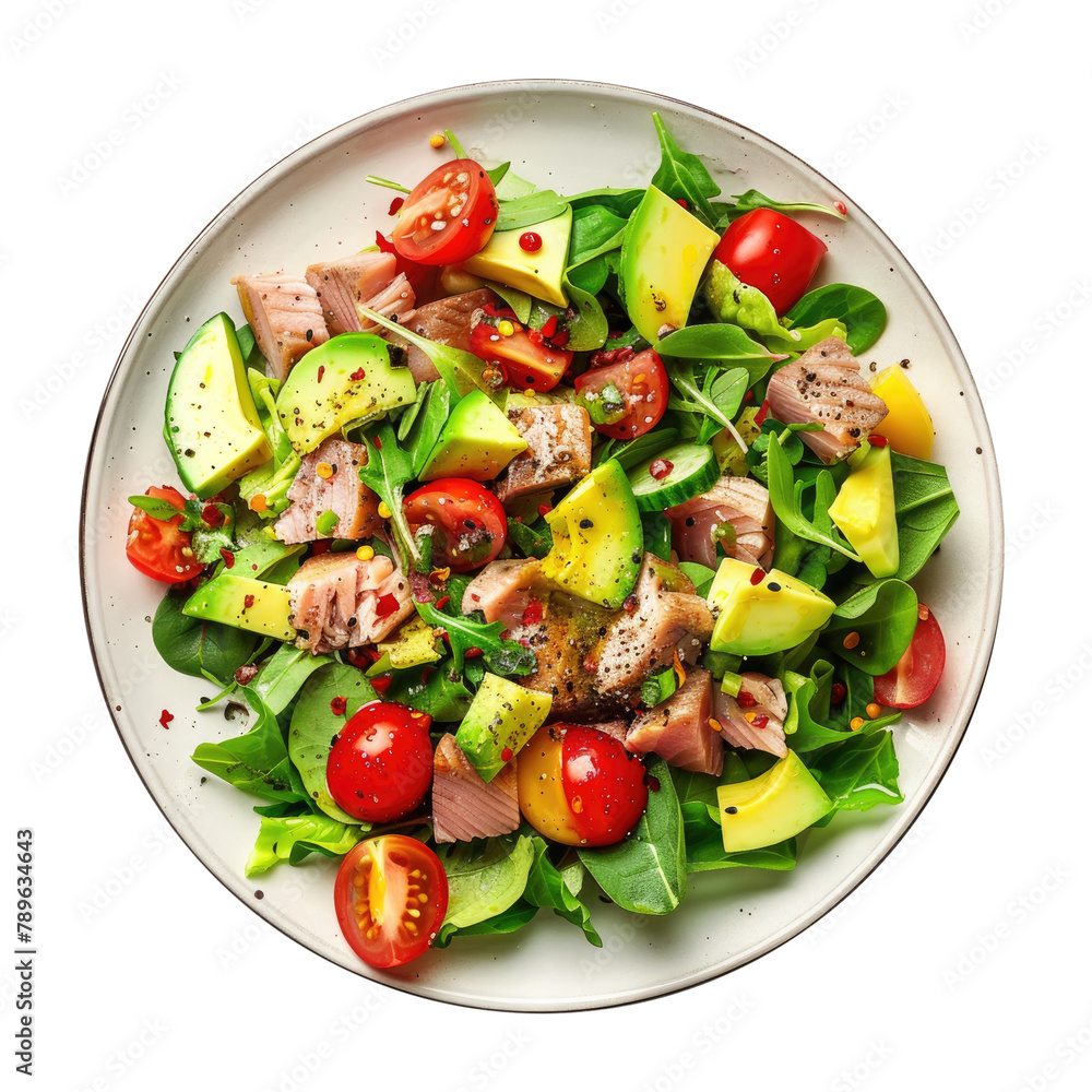 Delicious Tuna Salad with Avocado and Tomatoes Isolated on a White Background Delicious Tuna Salad with Avocado and Tomatoes Isolated on a White Background