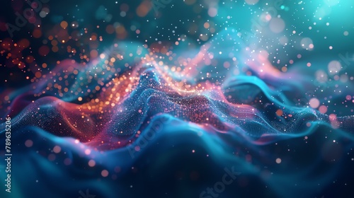 Abstract glowing blue and pink particles wave. Futuristic technology or science fiction background. © Nijat