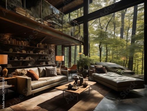 A Serene Morning in a Forest-View Modern Living Room