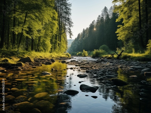 A serene river flowing through a forest at sunrise