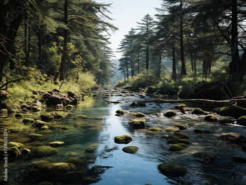 A Serene River Flows Through a Forest at Noon © P-O-P