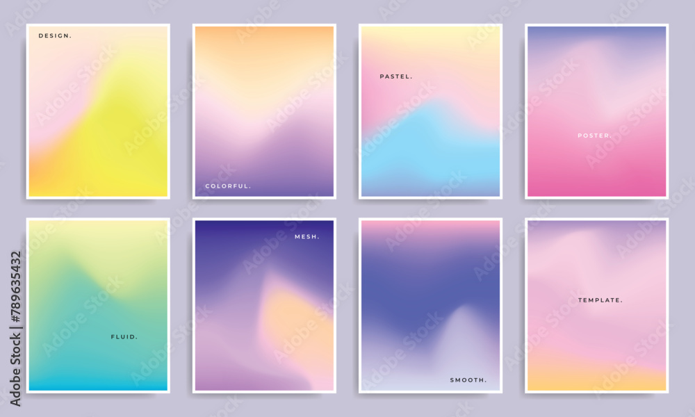 Colorful fluid gradient poster set. Vibrant pastel color gradation banner template bundle. Abstract smooth blurred background.