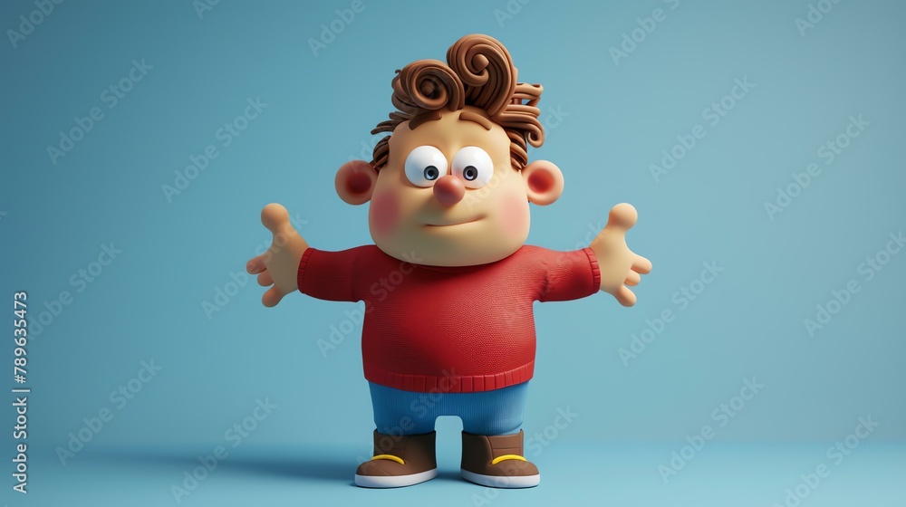 3D rendering of a cute cartoon boy with brown hair and blue eyes. He is wearing a red sweater and blue pants.