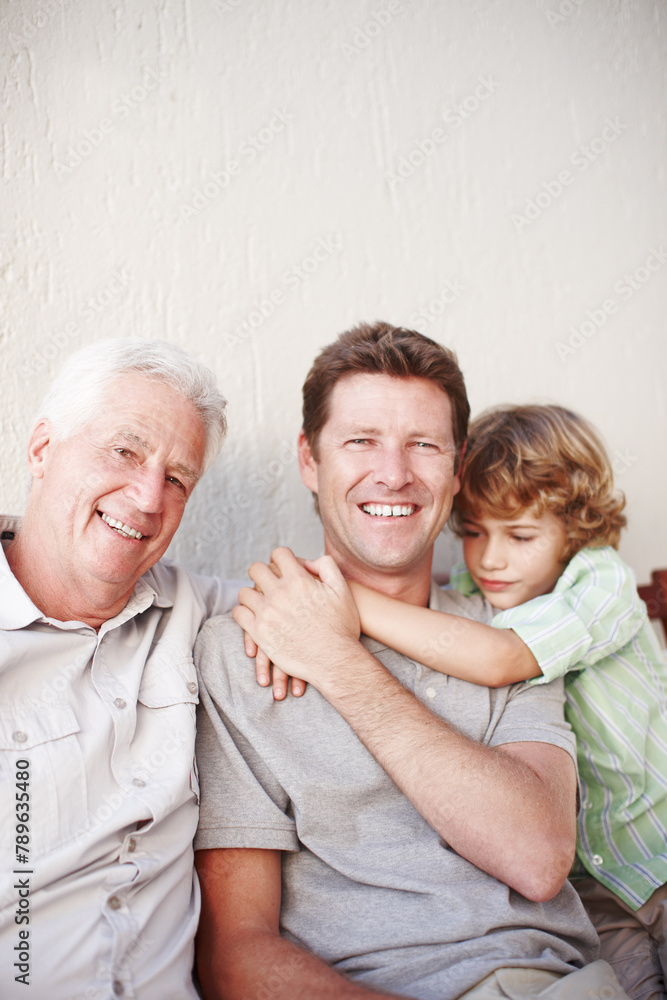 Relax, man and grandfather or son portrait with smile for bonding, love and hug with generations. Happy family, men and boy child in home for support, mockup space or embrace with confidence or pride Relax, man and grandfather or son portrait with smile for bonding, love and hug with generations. Happy family, men and boy child in home for support, mockup space or embrace with confidence or pride