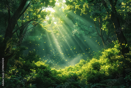 sunbeams piercing through the verdant canopy in a peaceful green forest