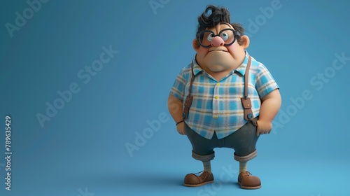 This is a 3D rendering of a cartoon character. He is a middle-aged man with a large belly, wearing a plaid shirt and suspenders. photo