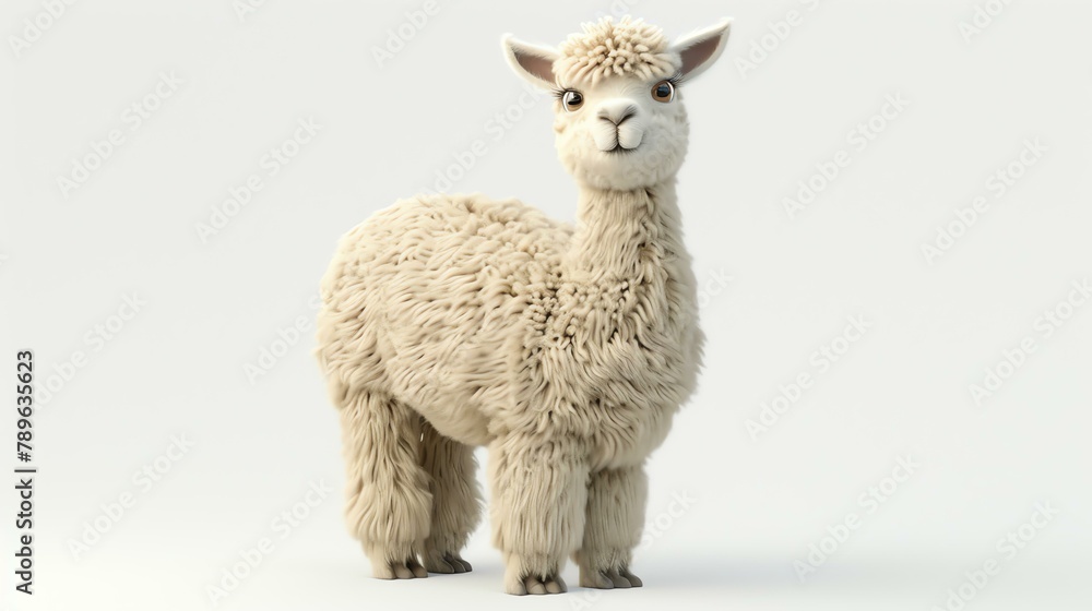 A delightful, 3D rendering of an adorable alpaca stands gracefully on a pristine white background. Its fluffy coat and endearing expression make it an irresistible companion for any creative