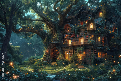 enchanted tree library with magical lights in a mystical forest