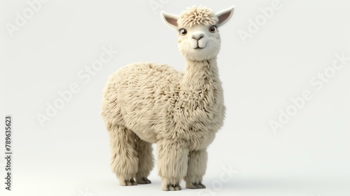 A delightful, 3D rendering of an adorable alpaca stands gracefully on a pristine white background. Its fluffy coat and endearing expression make it an irresistible companion for any creative photo