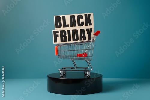 Product presentation shopping cart on black podium, Black Friday photo