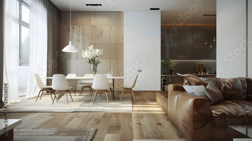 Stylish White and Brown Dining Room and Living Room Interior  A Harmonious Blend of Elegance and Comfort
