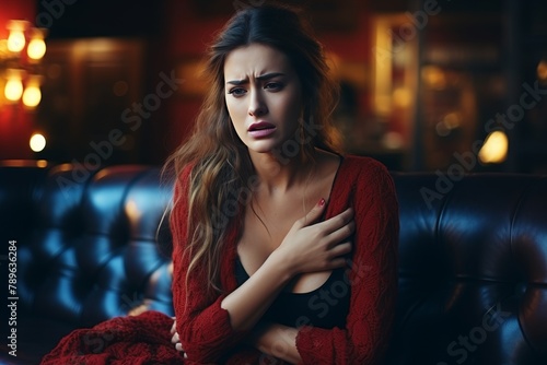 Woman in pain. Heart attack sufferer displays emotion in home living room © polack
