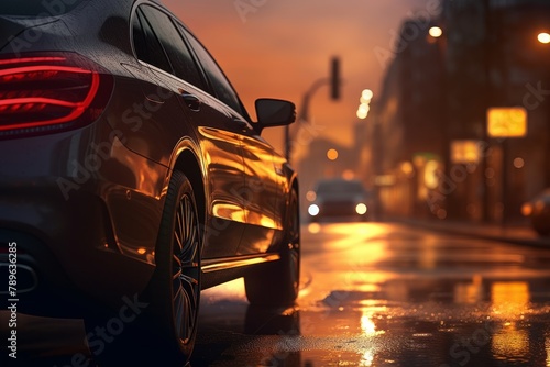 Back view of red passenger car fragment illuminated at night during stunning sunset