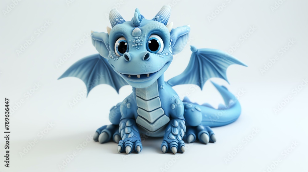 Cute blue dragon sitting on a white background. The dragon has big eyes, a friendly smile, and small wings.