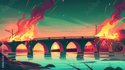 Dramatic illustration of a burning bridge