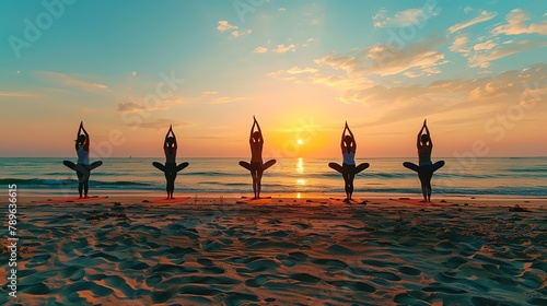 Yoga on the beach at sunrise. A group of five women in silhouette doing yoga poses on the beach at sunrise.