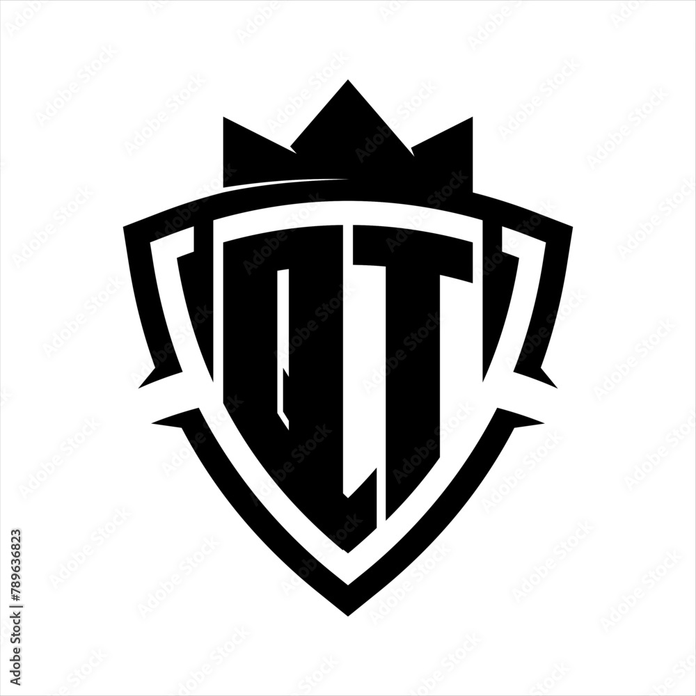 QT Letter bold monogram triangle curve shield shape with crown black and white background color design QT Letter bold monogram triangle curve shield shape with crown black and white background color design