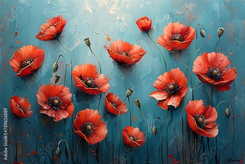 A painting featuring vibrant red poppy flowers set against a striking blue background, capturing the essence of a meadow in bloom under soft impressionist light.