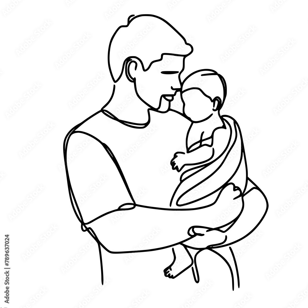 dad holding baby wrapped in towel in his arms, one black vector line drawing on white background dad holding baby wrapped in towel in his arms, one black vector line drawing on white background