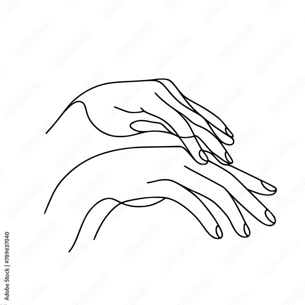 one hand gently touches the other, one line vector drawing one hand gently touches the other, one line vector drawing