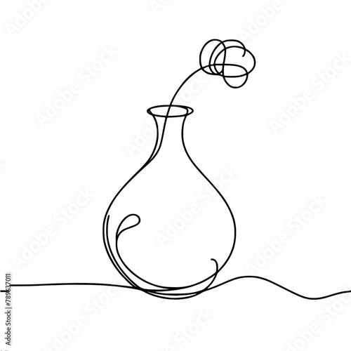 flower in a vase with a narrow neck, single line vector drawing in one black line on a white background