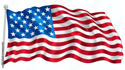 A beautiful waving American flag. The flag is blowing in the wind and has a white background with red and blue stripes.