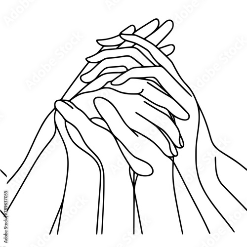 hands connected in team unity, stacked one on top of the other, one line vector drawing