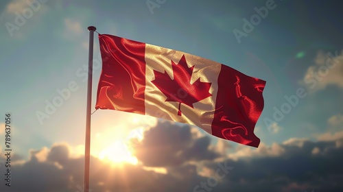 A Canadian flag is waving in the wind. The flag is red and white with a maple leaf in the center. photo