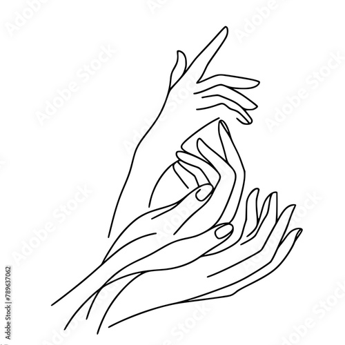 three female graceful hands touching each other, one line vector drawing