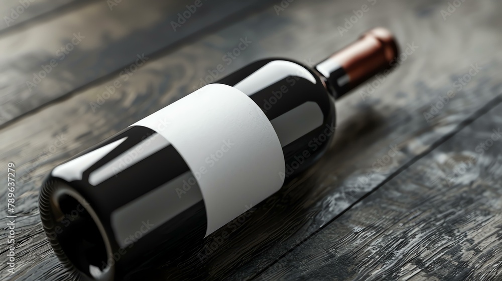 A close-up image of a bottle of red wine lying on a wooden table. The bottle has a blank label, so you can add your own text or design.