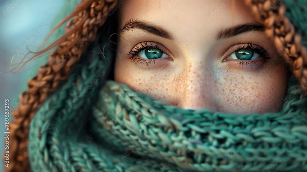 Close-up portrait of a beautiful young woman with green eyes and freckles. She is wearing a blue scarf wrapped around her neck.