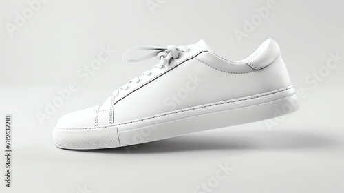 A minimal product shot of a clean white sneaker. The sneaker is placed on a solid white background and is lit from the front. photo