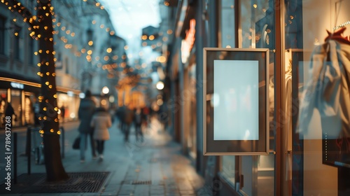 An empty advertising billboard on a busy shopping street with blurred people walking by.