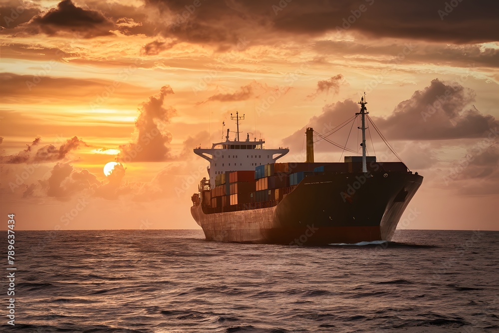 Shipping vessel filled with cargo, sailing in ocean, dramatic sunset