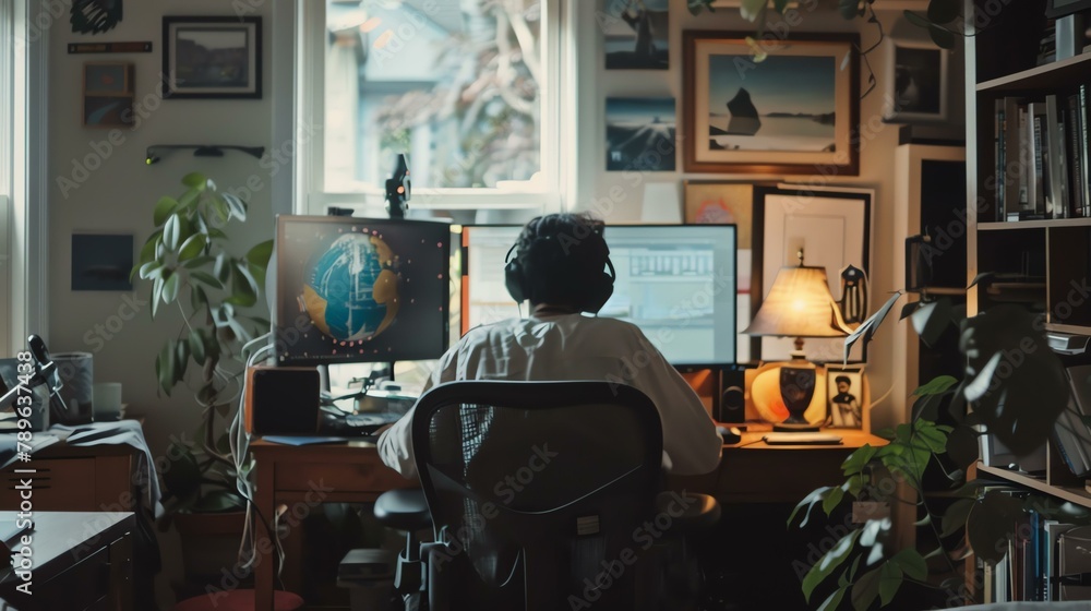 A person is sitting at a desk in a home office. They are wearing headphones and looking at two computer monitors.