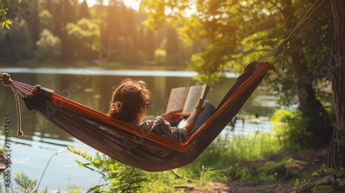 Young woman reading a book while lying in a hammock. The hammock is hanging between two trees in a forest. The sun is shining through the trees.