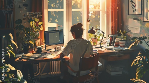 A young woman sits at her desk, working on her computer. She is surrounded by plants and has a large window that lets in the sunlight. photo