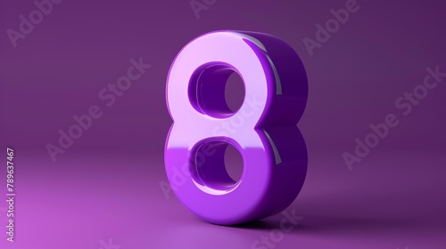 A simple 3D rendering of a purple number eight on a purple background. The number is glossy and has a reflective surface.