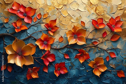 An abstract painting with metal elements, textured background with flowers and plants © krishnendu