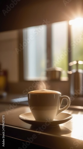 white cup of coffee with steam on a wooden table in a cozy home atmosphere in a warm light. The concept of home comfort and good morning