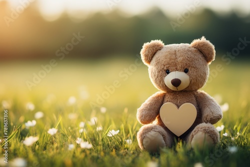Adorable bear with red heart sitting on green grass field, cute teddy bear in nature scene