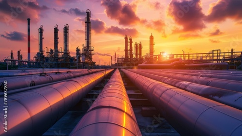 A sunset over a large industrial area with many pipes photo