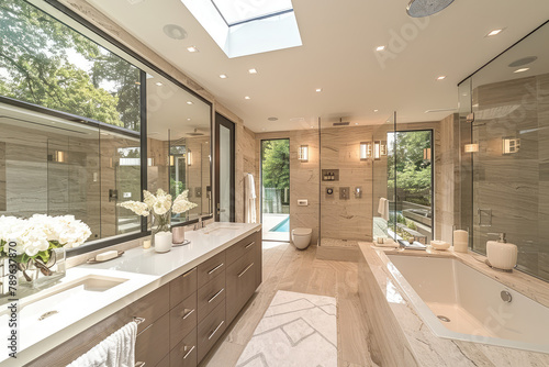Master bathroom with a large double vanity  skylight and windows overlooking the backyard pool area in a luxury mansion in Long Island  New York. Created with Ai