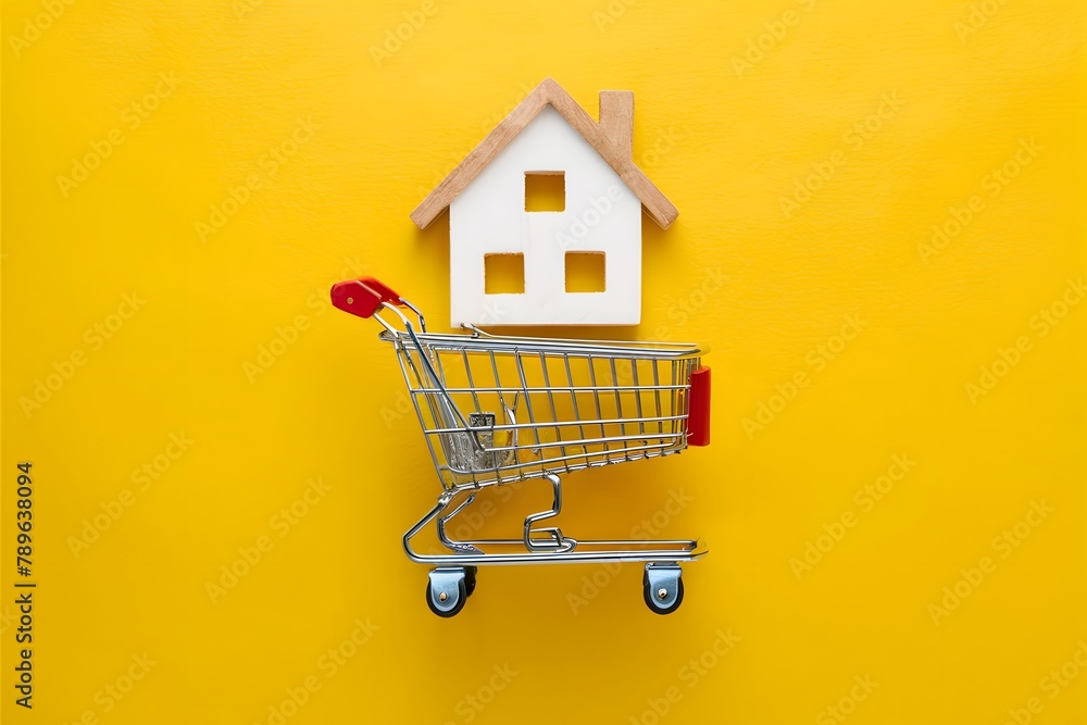 Shoppingcart yellow background, theme of purchases and sales