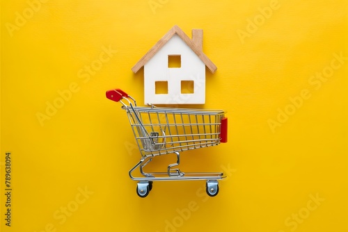 Shoppingcart yellow background, theme of purchases and sales photo