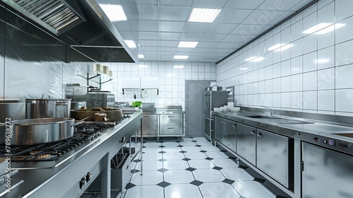 A large commercial kitchen with stainless steel appliances and a tile floor