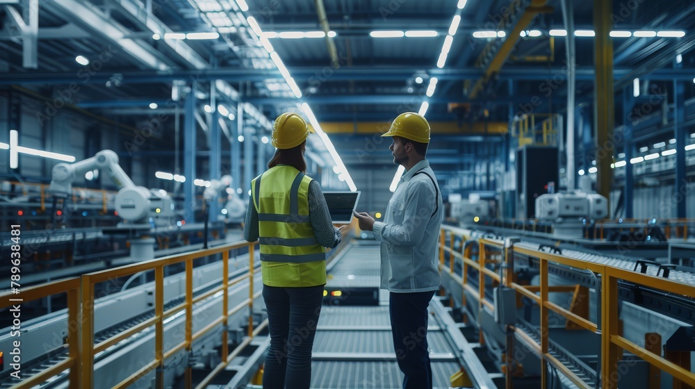 Two people are standing in a factory, one of them holding a laptop