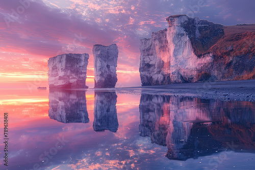 A breathtaking sunset over the snow-covered Icelandic cliffs, reflecting in crystal clear water on an icy beach. Created with Ai